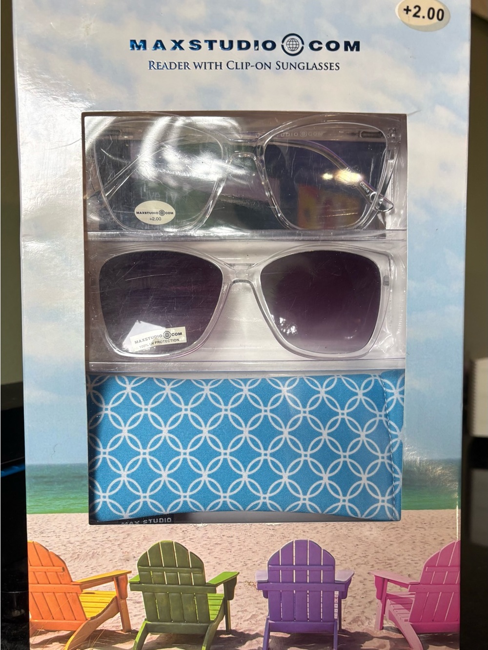 MaxStudio Reader in Clear with Clip-On Sunglasses & Case NWT